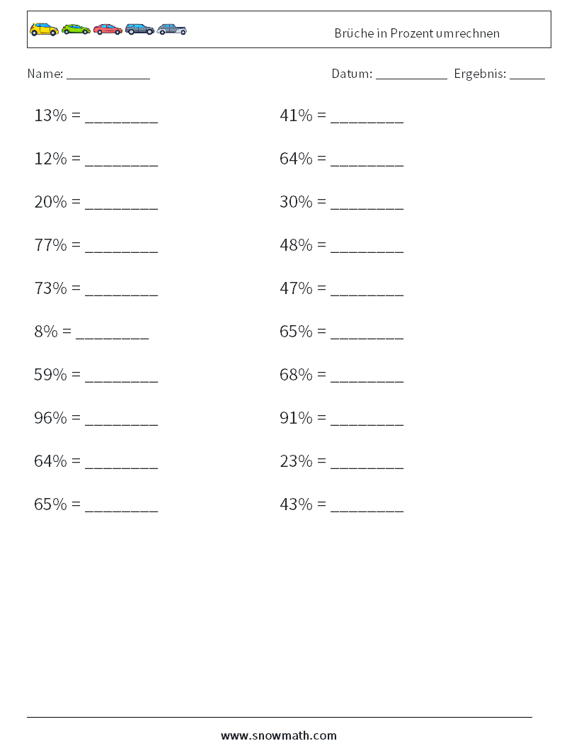 Brüche in Prozent umrechnen Mathe-Arbeitsblätter 4