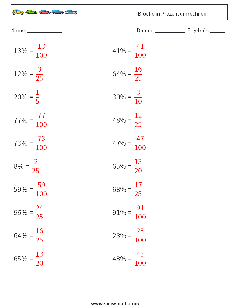 Brüche in Prozent umrechnen Mathe-Arbeitsblätter 4 Frage, Antwort