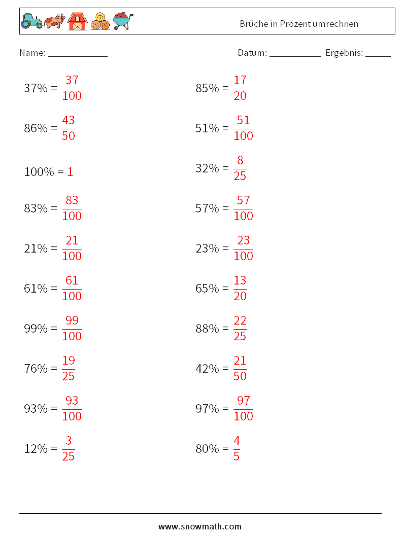 Brüche in Prozent umrechnen Mathe-Arbeitsblätter 5 Frage, Antwort