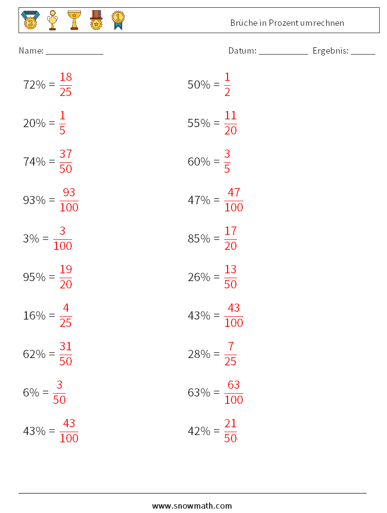 Brüche in Prozent umrechnen Mathe-Arbeitsblätter 6 Frage, Antwort