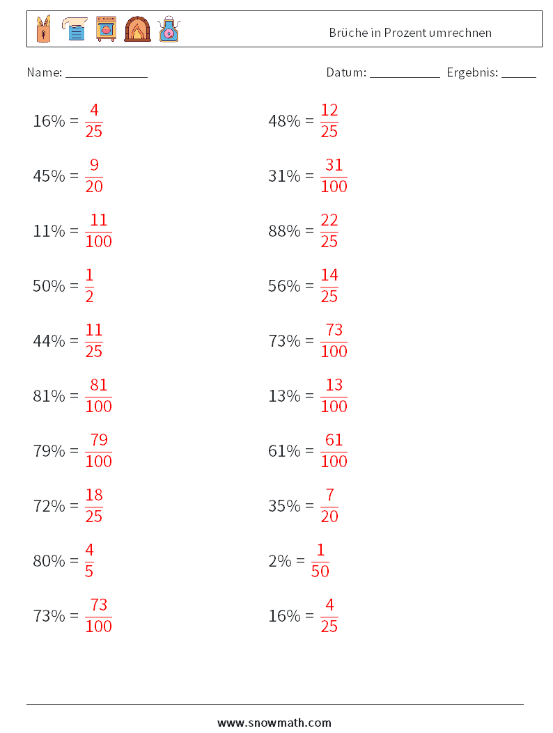 Brüche in Prozent umrechnen Mathe-Arbeitsblätter 7 Frage, Antwort