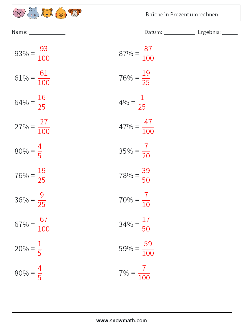 Brüche in Prozent umrechnen Mathe-Arbeitsblätter 8 Frage, Antwort