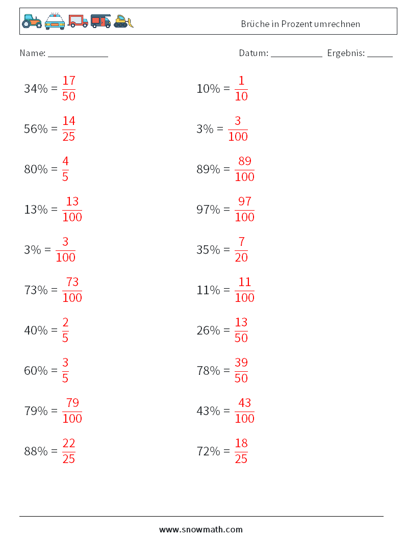 Brüche in Prozent umrechnen Mathe-Arbeitsblätter 9 Frage, Antwort