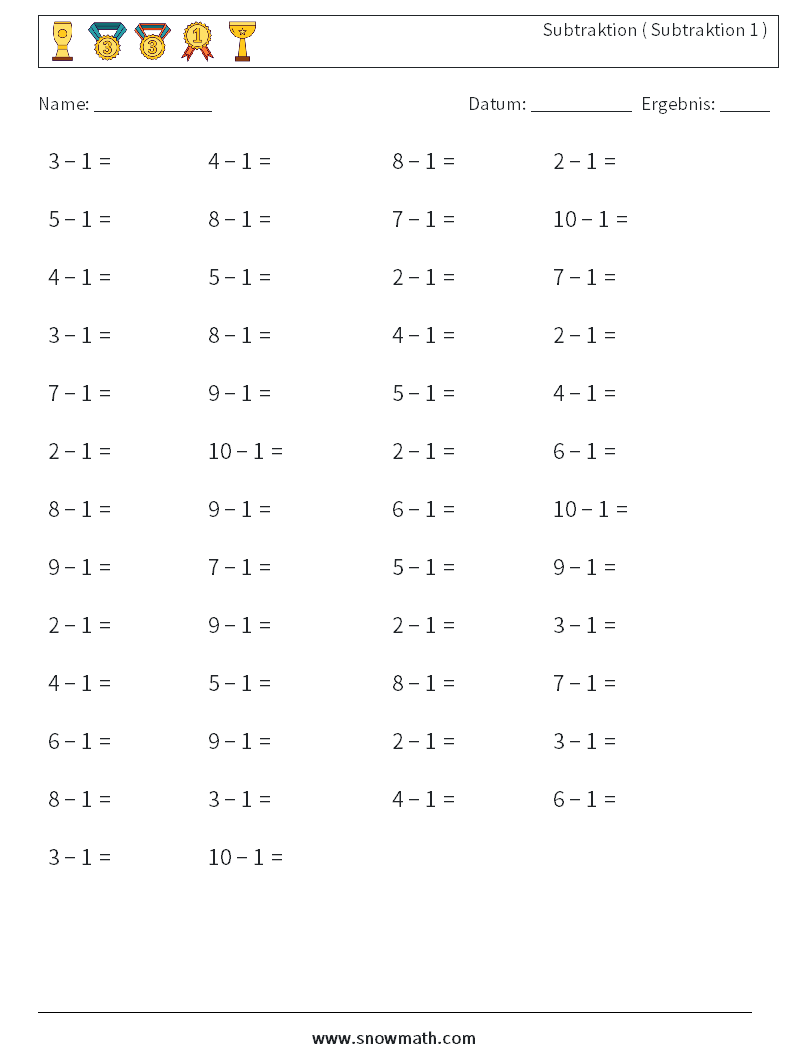 (50) Subtraktion ( Subtraktion 1 ) Mathe-Arbeitsblätter 4