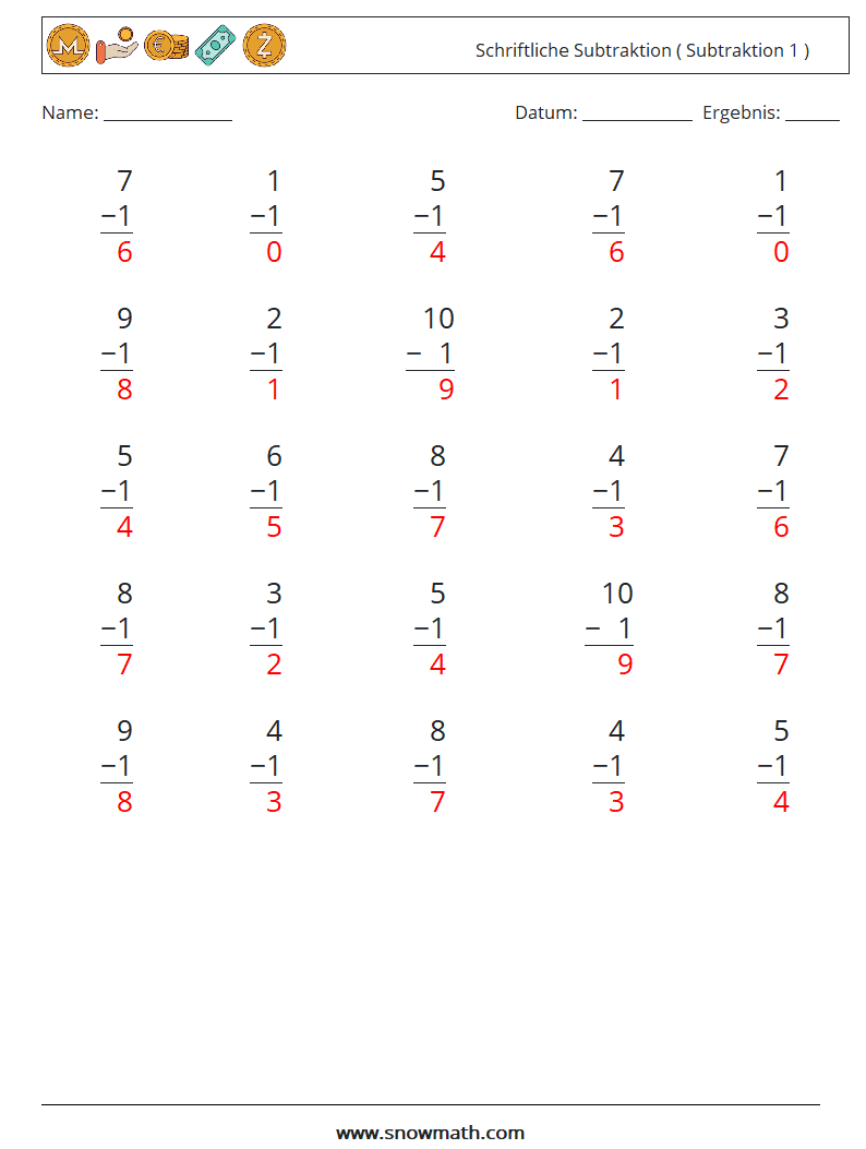 (25) Schriftliche Subtraktion ( Subtraktion 1 ) Mathe-Arbeitsblätter 1 Frage, Antwort