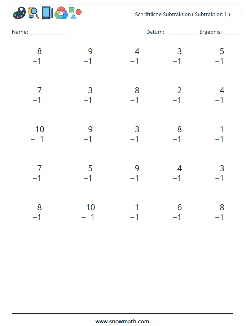 (25) Schriftliche Subtraktion ( Subtraktion 1 ) Mathe-Arbeitsblätter 2