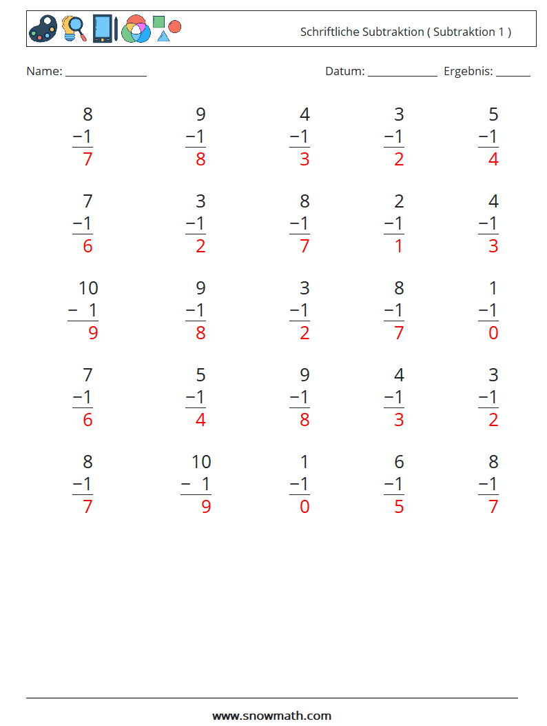 (25) Schriftliche Subtraktion ( Subtraktion 1 ) Mathe-Arbeitsblätter 2 Frage, Antwort