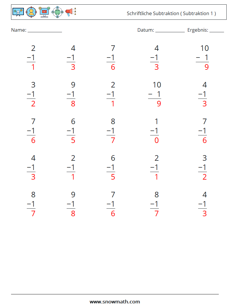 (25) Schriftliche Subtraktion ( Subtraktion 1 ) Mathe-Arbeitsblätter 3 Frage, Antwort