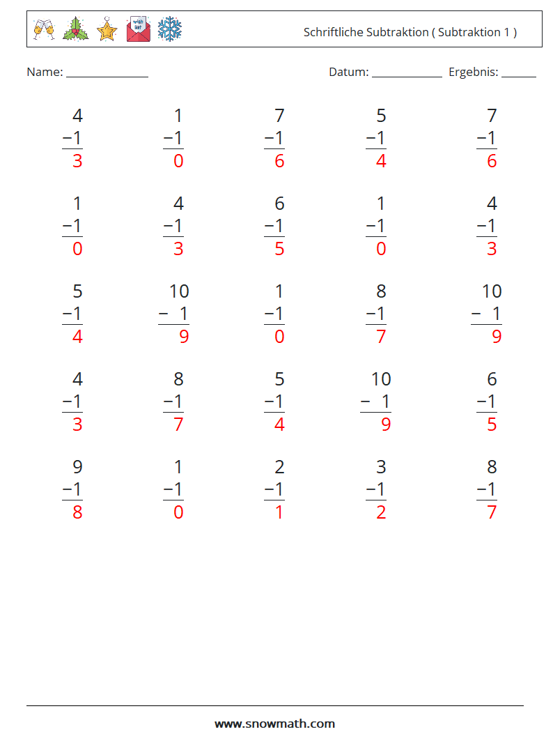 (25) Schriftliche Subtraktion ( Subtraktion 1 ) Mathe-Arbeitsblätter 4 Frage, Antwort