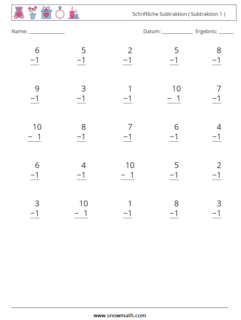 (25) Schriftliche Subtraktion ( Subtraktion 1 ) Mathe-Arbeitsblätter 5