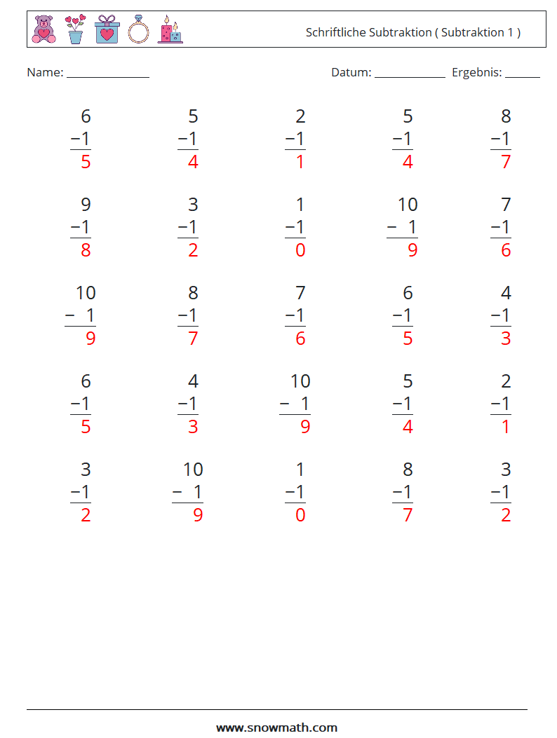 (25) Schriftliche Subtraktion ( Subtraktion 1 ) Mathe-Arbeitsblätter 5 Frage, Antwort