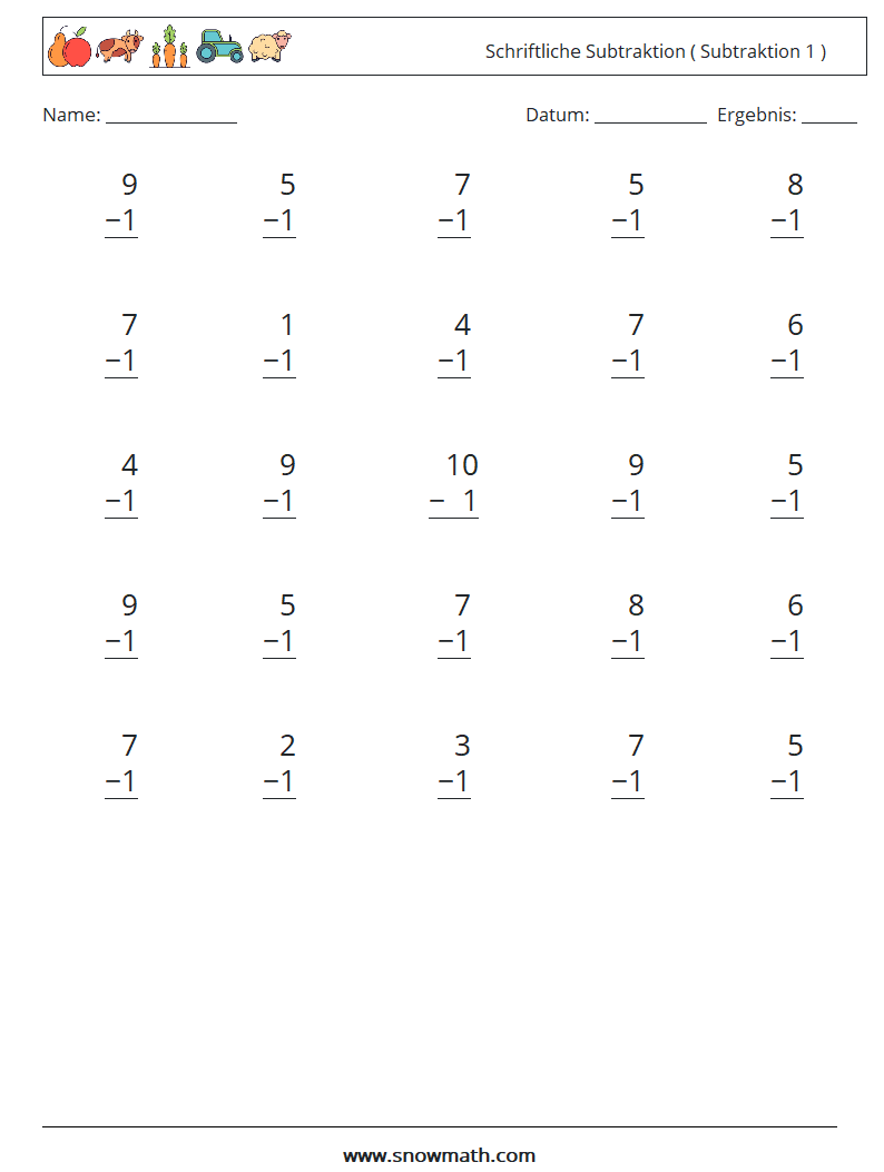 (25) Schriftliche Subtraktion ( Subtraktion 1 ) Mathe-Arbeitsblätter 6