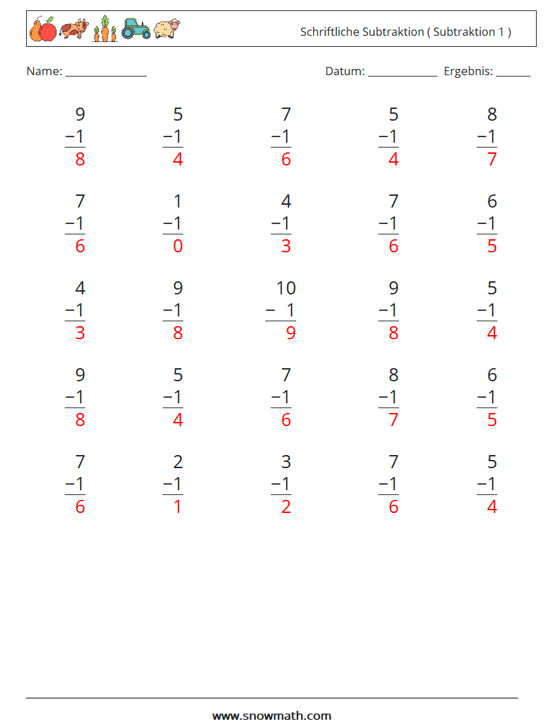 (25) Schriftliche Subtraktion ( Subtraktion 1 ) Mathe-Arbeitsblätter 6 Frage, Antwort