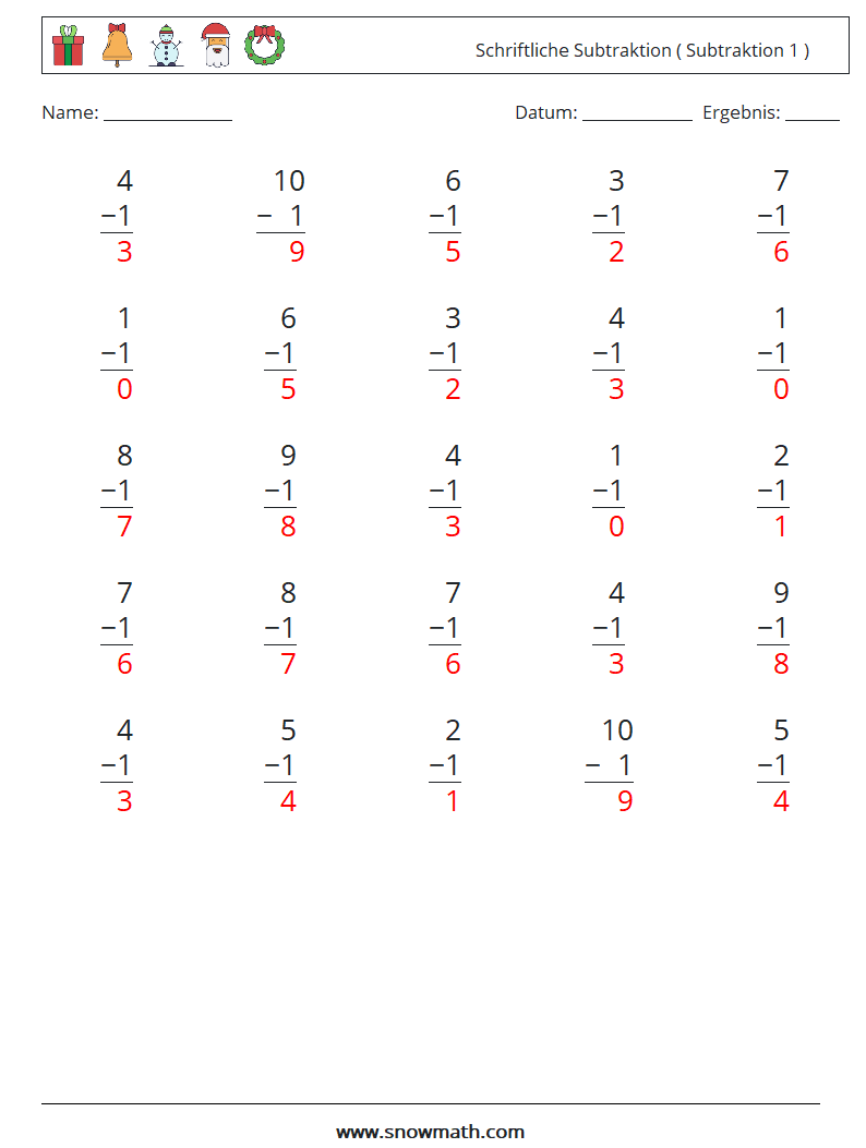 (25) Schriftliche Subtraktion ( Subtraktion 1 ) Mathe-Arbeitsblätter 7 Frage, Antwort