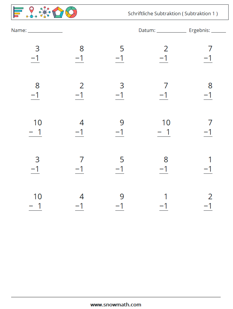 (25) Schriftliche Subtraktion ( Subtraktion 1 ) Mathe-Arbeitsblätter 8