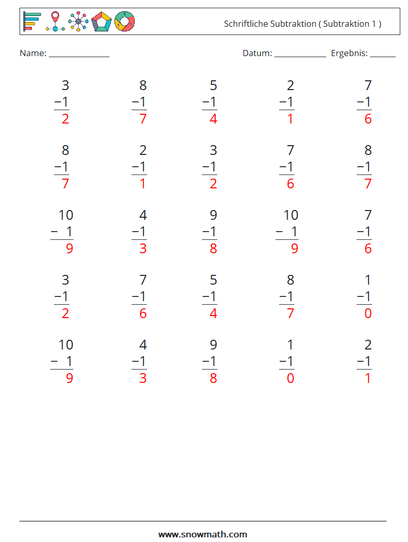 (25) Schriftliche Subtraktion ( Subtraktion 1 ) Mathe-Arbeitsblätter 8 Frage, Antwort