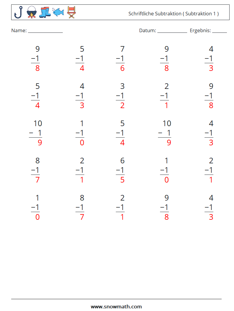 (25) Schriftliche Subtraktion ( Subtraktion 1 ) Mathe-Arbeitsblätter 9 Frage, Antwort