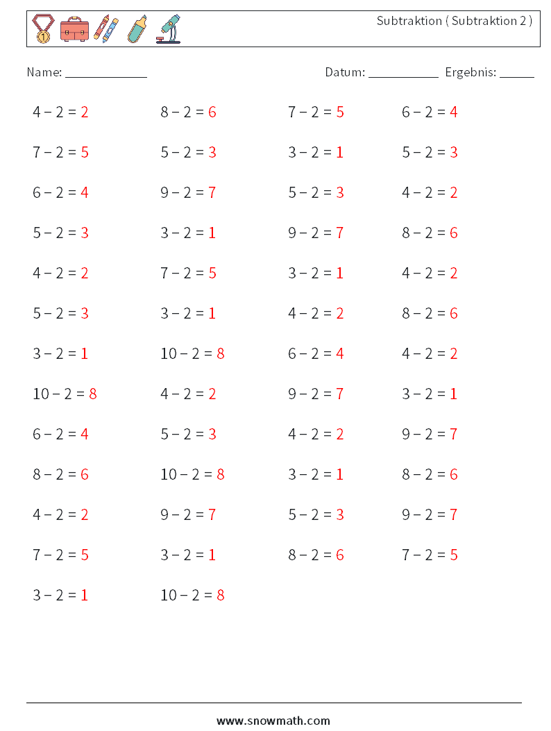 (50) Subtraktion ( Subtraktion 2 ) Mathe-Arbeitsblätter 1 Frage, Antwort