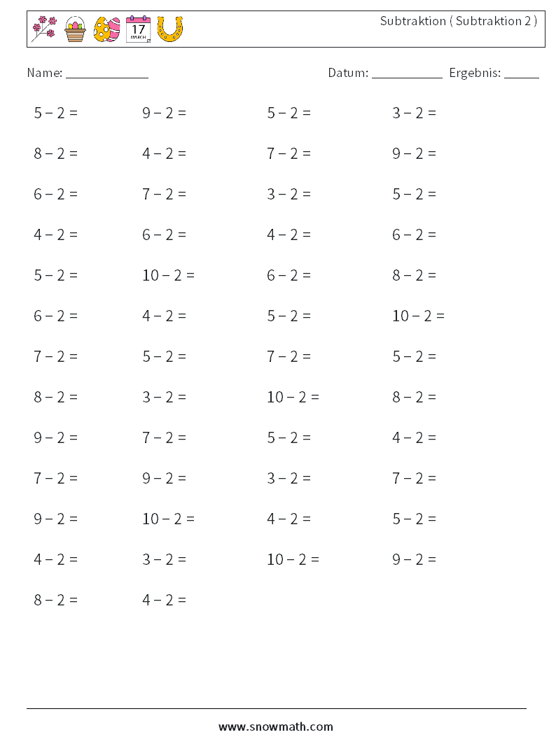 (50) Subtraktion ( Subtraktion 2 ) Mathe-Arbeitsblätter 3
