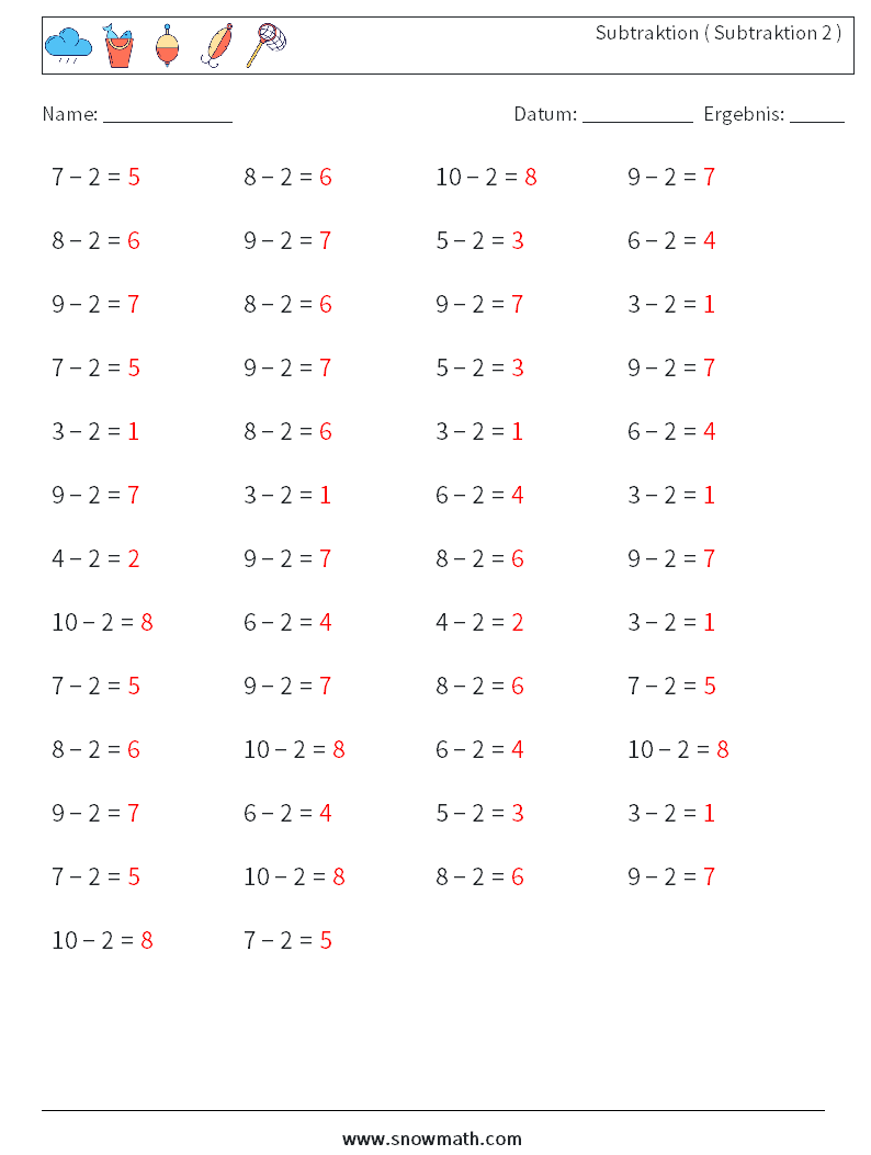 (50) Subtraktion ( Subtraktion 2 ) Mathe-Arbeitsblätter 4 Frage, Antwort