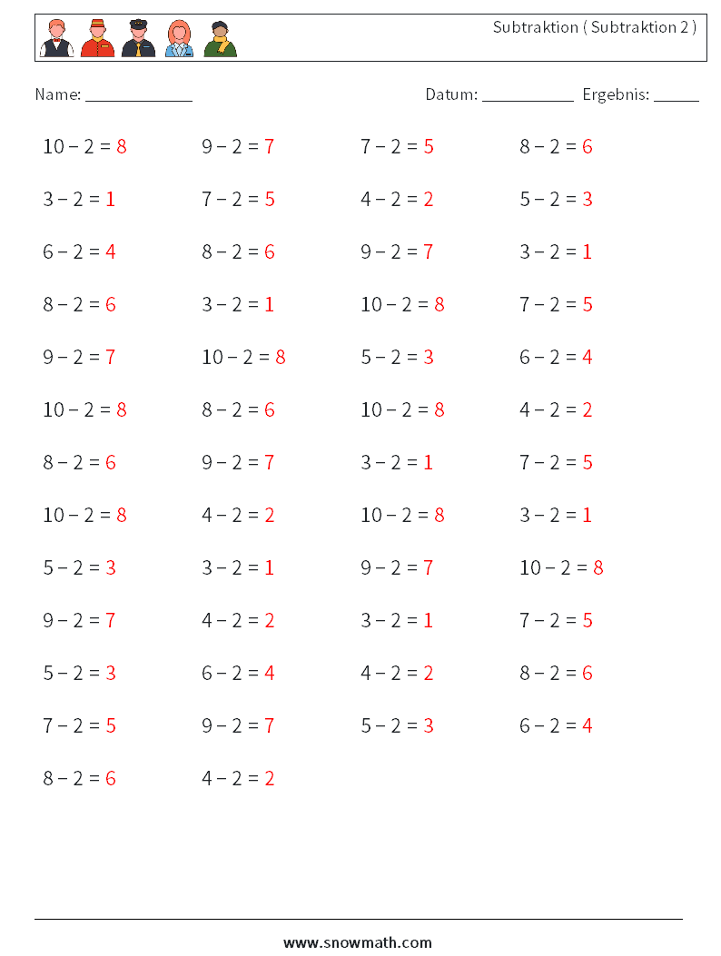 (50) Subtraktion ( Subtraktion 2 ) Mathe-Arbeitsblätter 5 Frage, Antwort