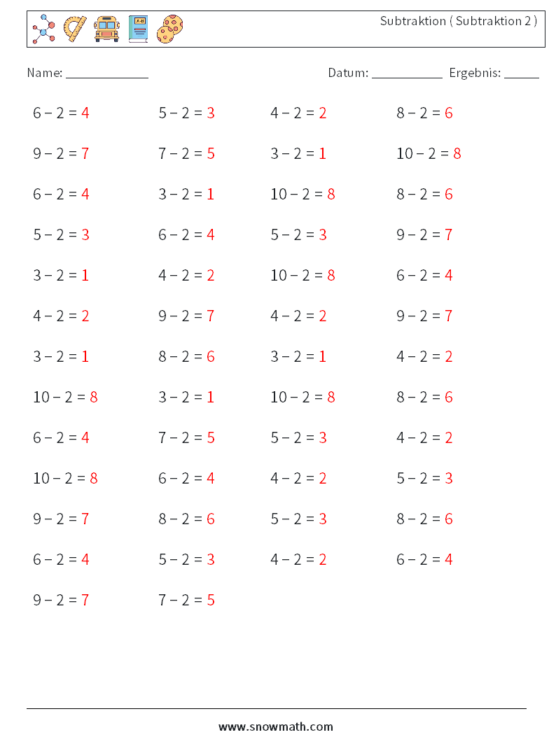 (50) Subtraktion ( Subtraktion 2 ) Mathe-Arbeitsblätter 6 Frage, Antwort