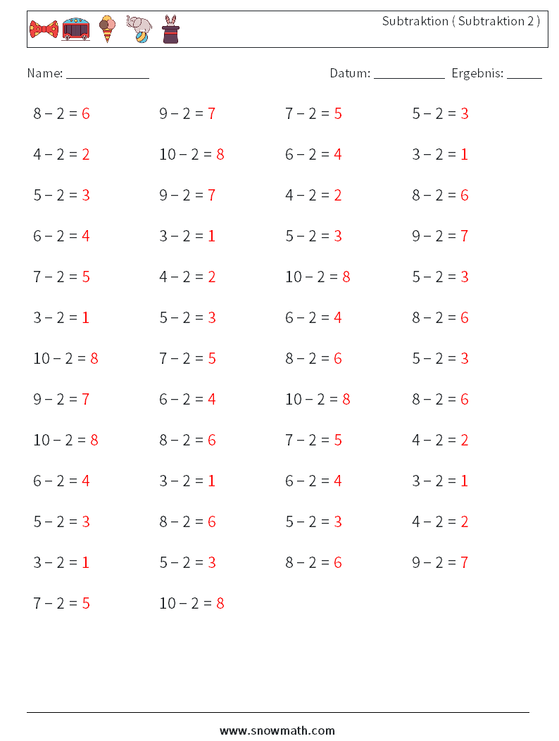 (50) Subtraktion ( Subtraktion 2 ) Mathe-Arbeitsblätter 9 Frage, Antwort