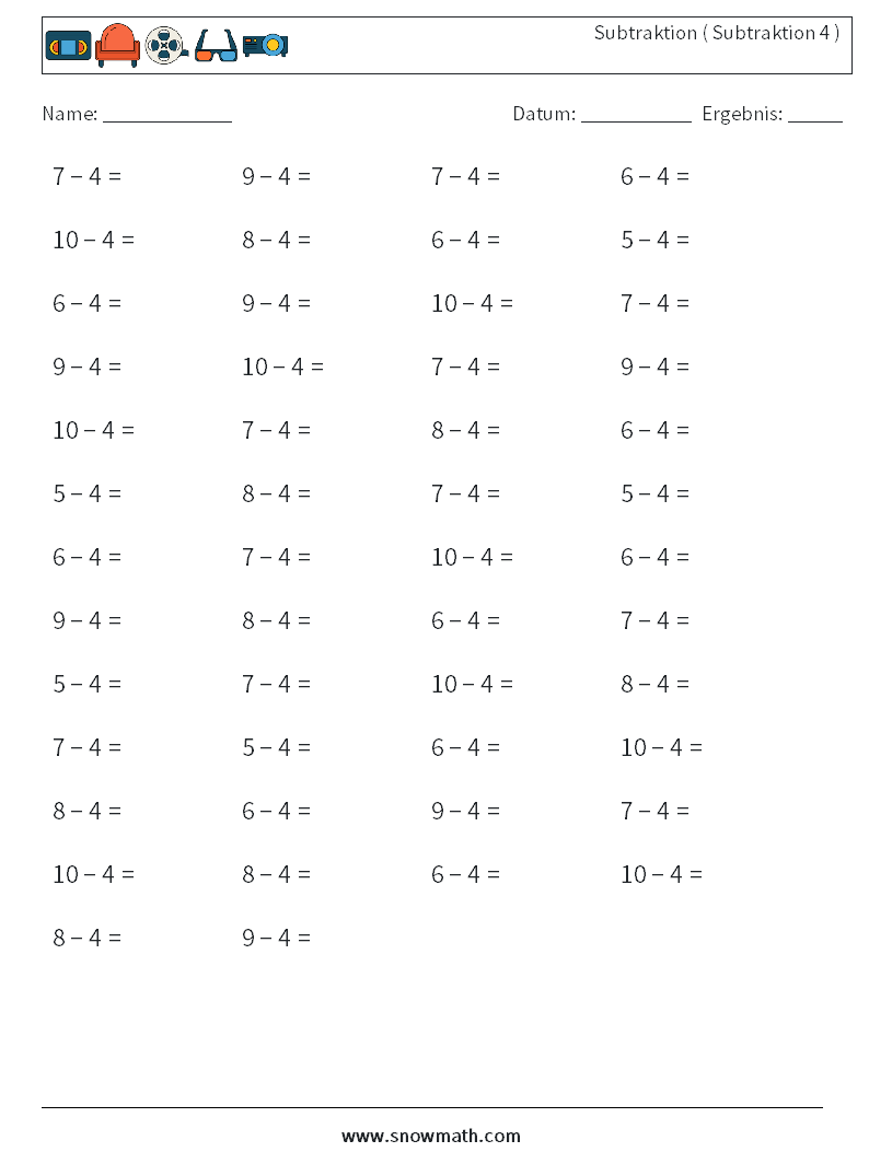 (50) Subtraktion ( Subtraktion 4 ) Mathe-Arbeitsblätter 1