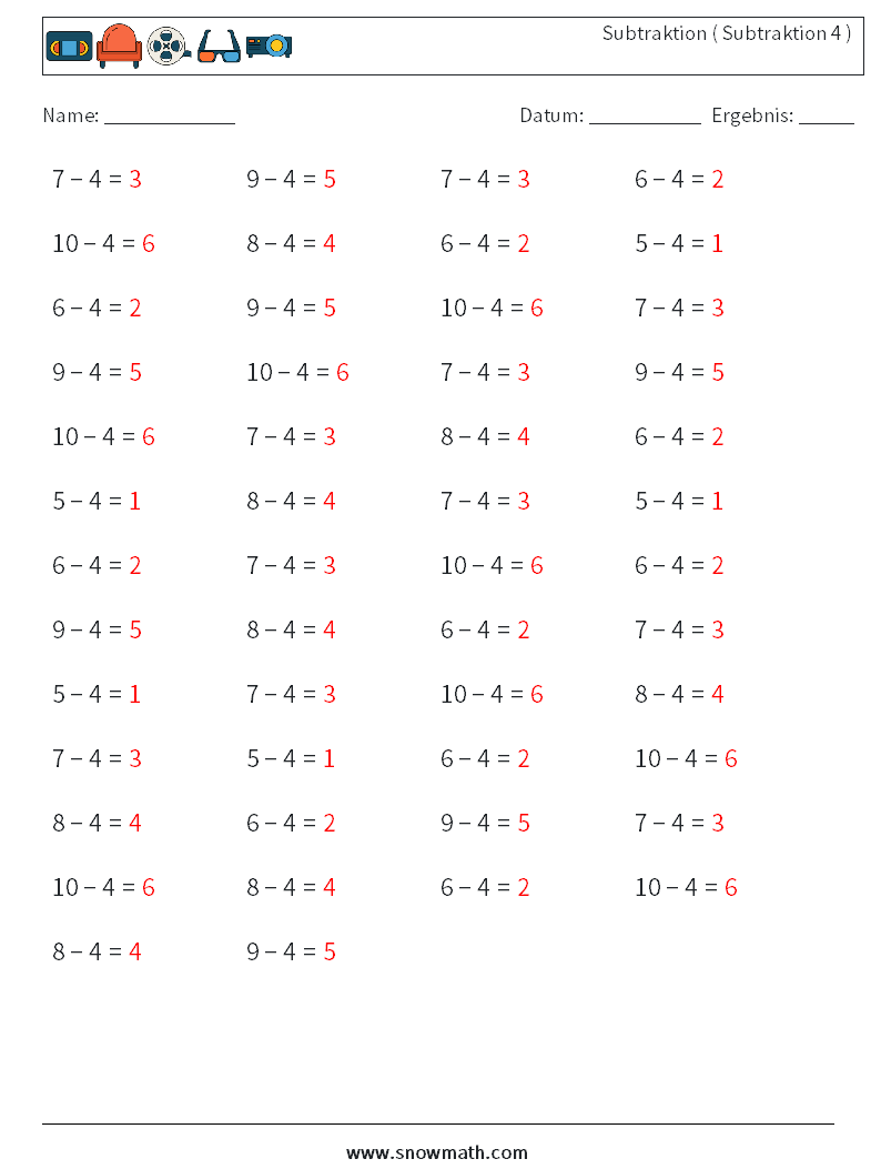 (50) Subtraktion ( Subtraktion 4 ) Mathe-Arbeitsblätter 1 Frage, Antwort