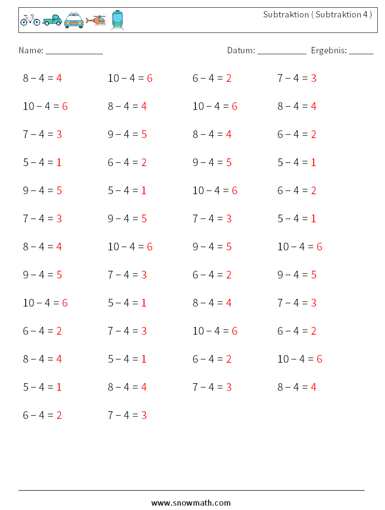 (50) Subtraktion ( Subtraktion 4 ) Mathe-Arbeitsblätter 2 Frage, Antwort