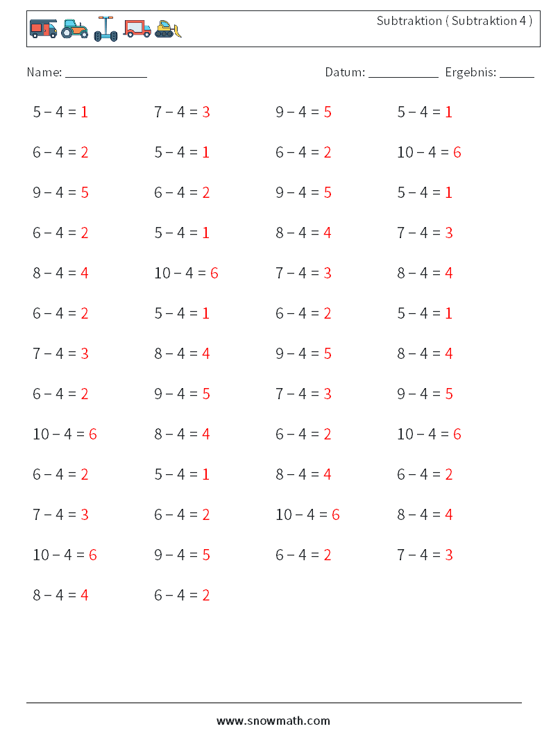 (50) Subtraktion ( Subtraktion 4 ) Mathe-Arbeitsblätter 3 Frage, Antwort