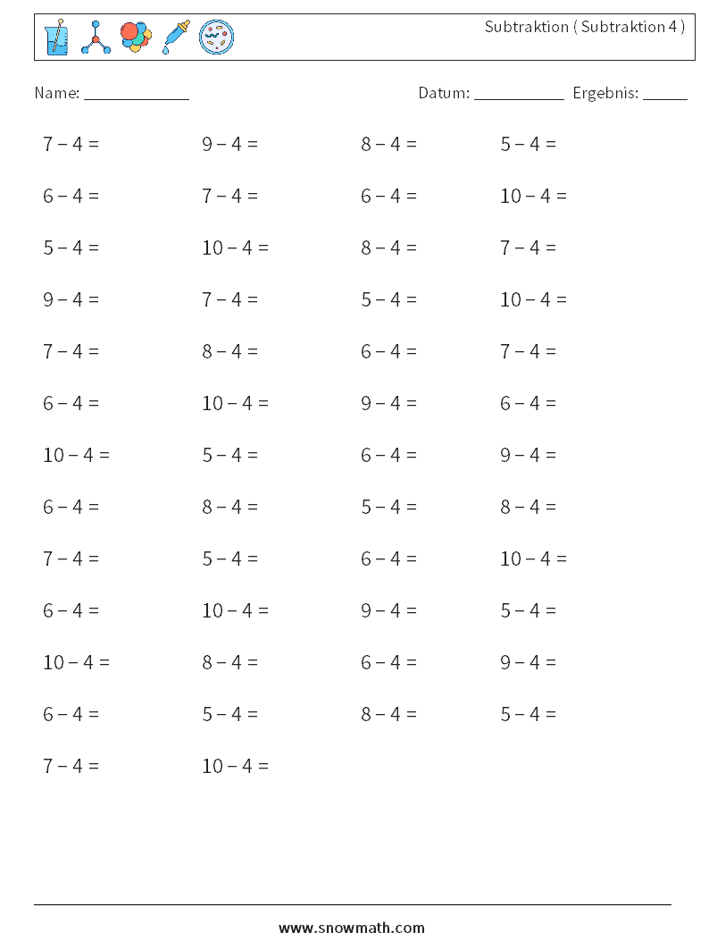 (50) Subtraktion ( Subtraktion 4 ) Mathe-Arbeitsblätter 5