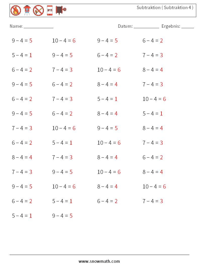 (50) Subtraktion ( Subtraktion 4 ) Mathe-Arbeitsblätter 7 Frage, Antwort