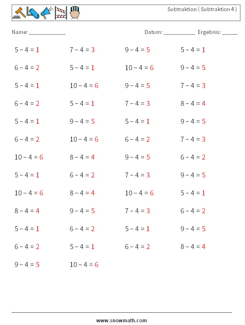 (50) Subtraktion ( Subtraktion 4 ) Mathe-Arbeitsblätter 8 Frage, Antwort