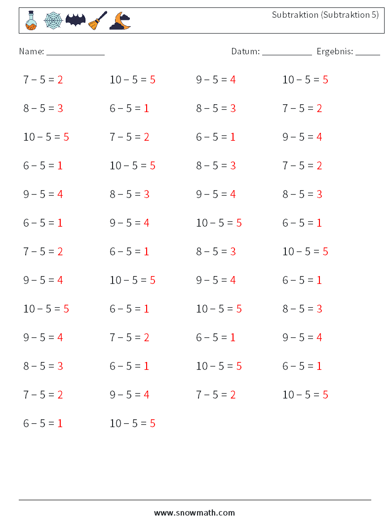 (50) Subtraktion (Subtraktion 5) Mathe-Arbeitsblätter 4 Frage, Antwort