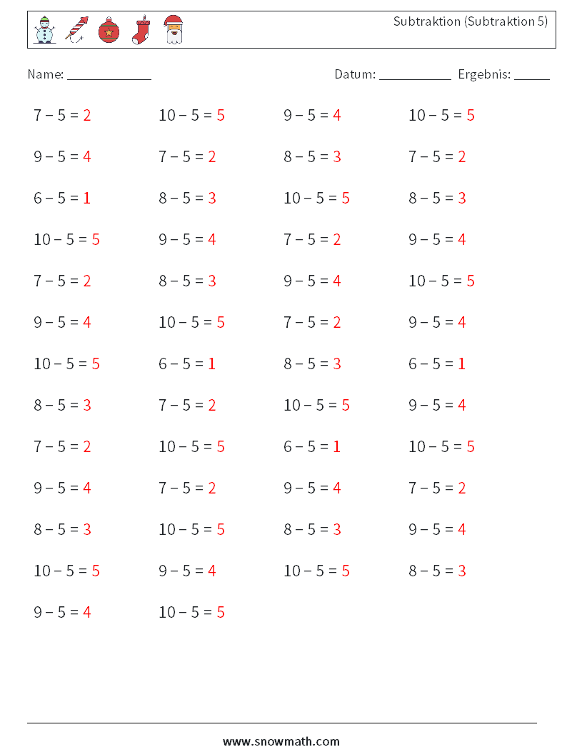 (50) Subtraktion (Subtraktion 5) Mathe-Arbeitsblätter 5 Frage, Antwort