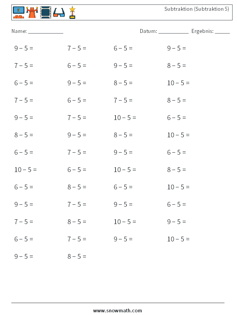 (50) Subtraktion (Subtraktion 5) Mathe-Arbeitsblätter 8