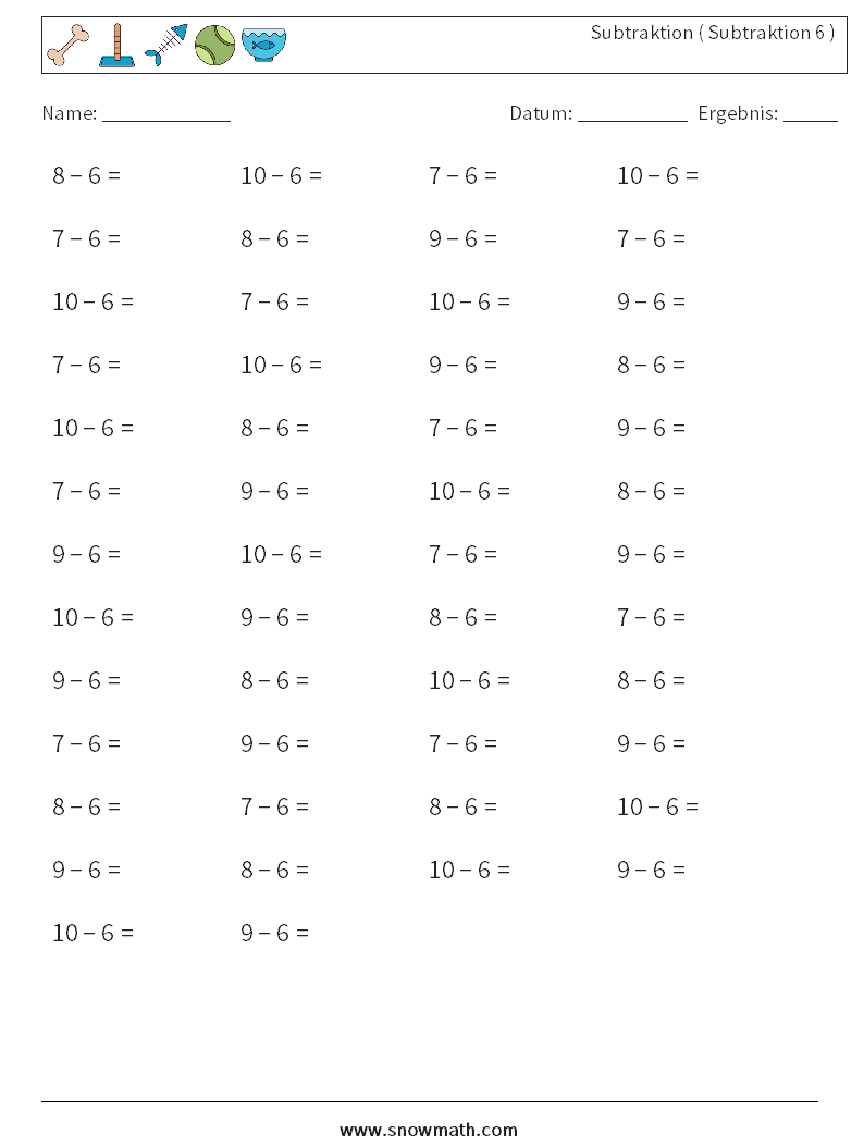 (50) Subtraktion ( Subtraktion 6 ) Mathe-Arbeitsblätter 1