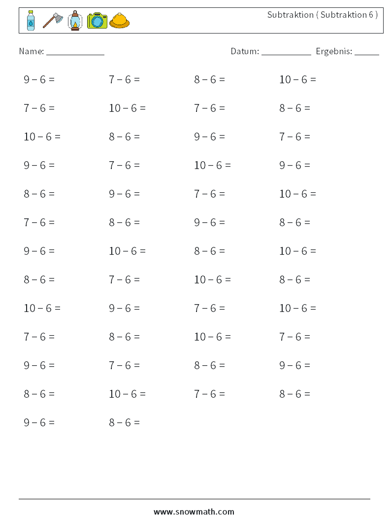 (50) Subtraktion ( Subtraktion 6 ) Mathe-Arbeitsblätter 3