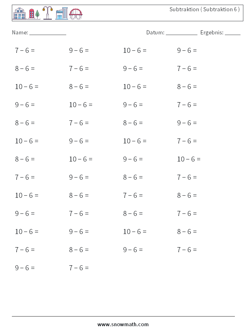 (50) Subtraktion ( Subtraktion 6 ) Mathe-Arbeitsblätter 7