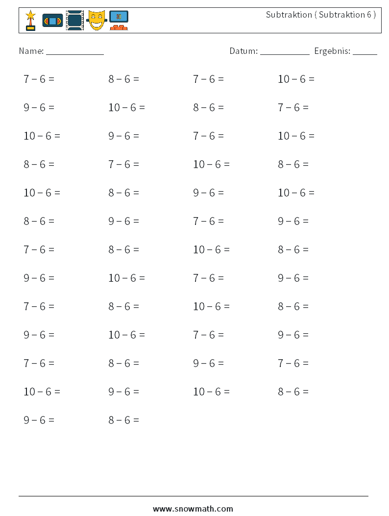 (50) Subtraktion ( Subtraktion 6 ) Mathe-Arbeitsblätter 8