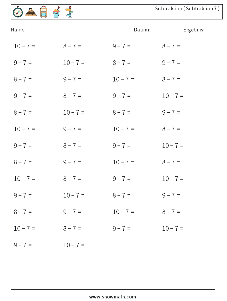 (50) Subtraktion ( Subtraktion 7 ) Mathe-Arbeitsblätter 6