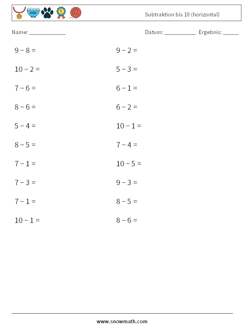 (20) Subtraktion bis 10 (horizontal) Mathe-Arbeitsblätter 1