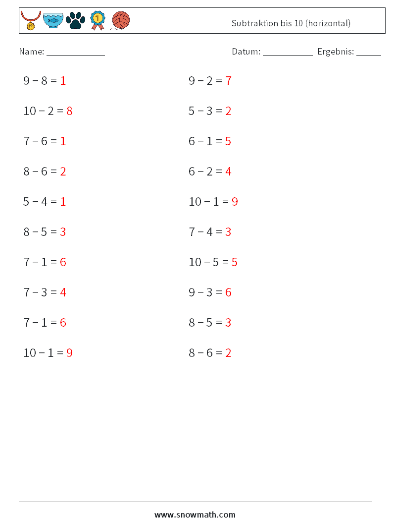 (20) Subtraktion bis 10 (horizontal) Mathe-Arbeitsblätter 1 Frage, Antwort