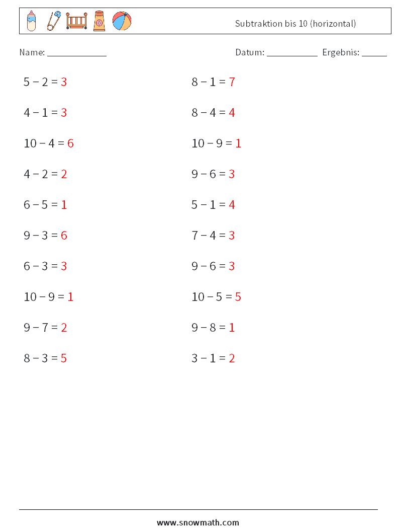 (20) Subtraktion bis 10 (horizontal) Mathe-Arbeitsblätter 2 Frage, Antwort