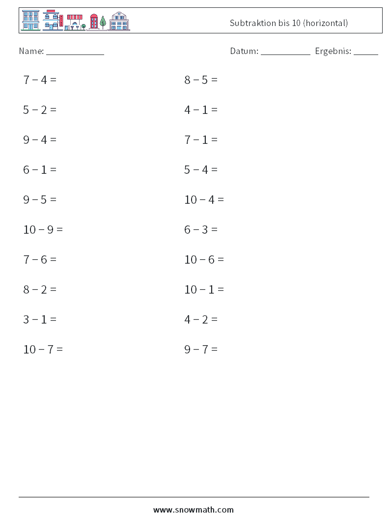 (20) Subtraktion bis 10 (horizontal) Mathe-Arbeitsblätter 3