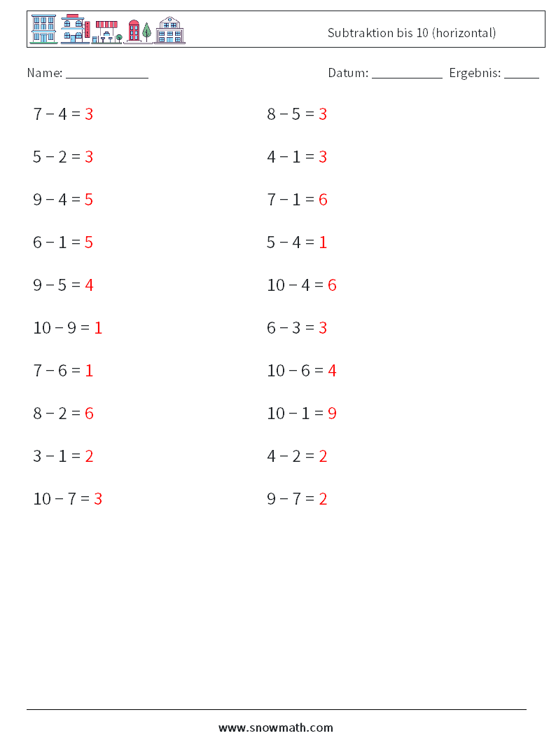 (20) Subtraktion bis 10 (horizontal) Mathe-Arbeitsblätter 3 Frage, Antwort