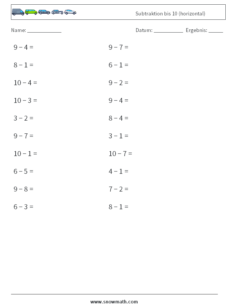 (20) Subtraktion bis 10 (horizontal) Mathe-Arbeitsblätter 4
