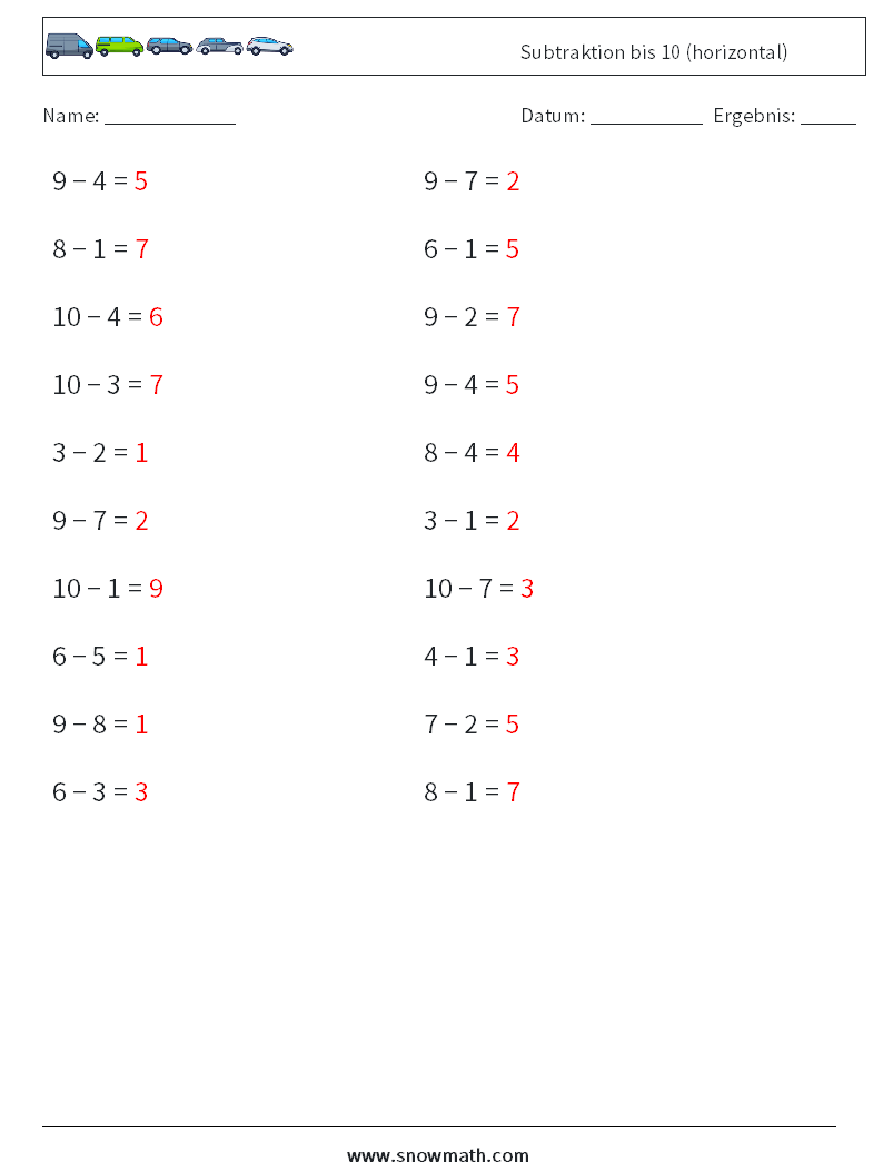(20) Subtraktion bis 10 (horizontal) Mathe-Arbeitsblätter 4 Frage, Antwort