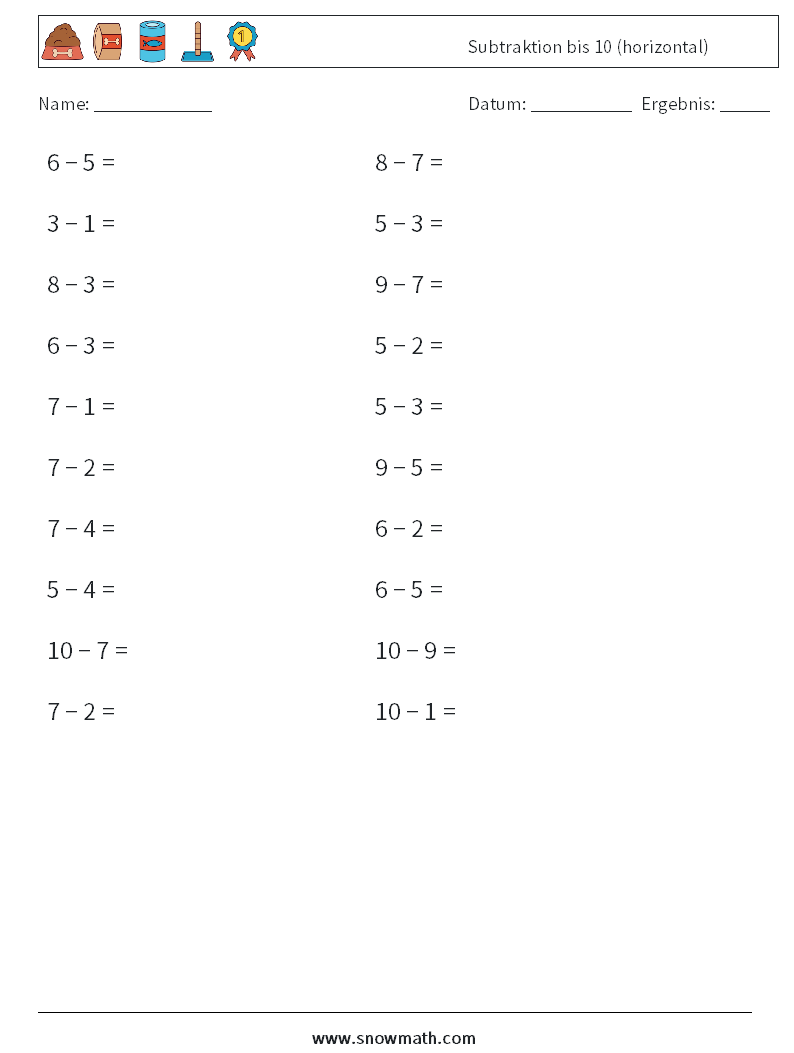(20) Subtraktion bis 10 (horizontal) Mathe-Arbeitsblätter 5